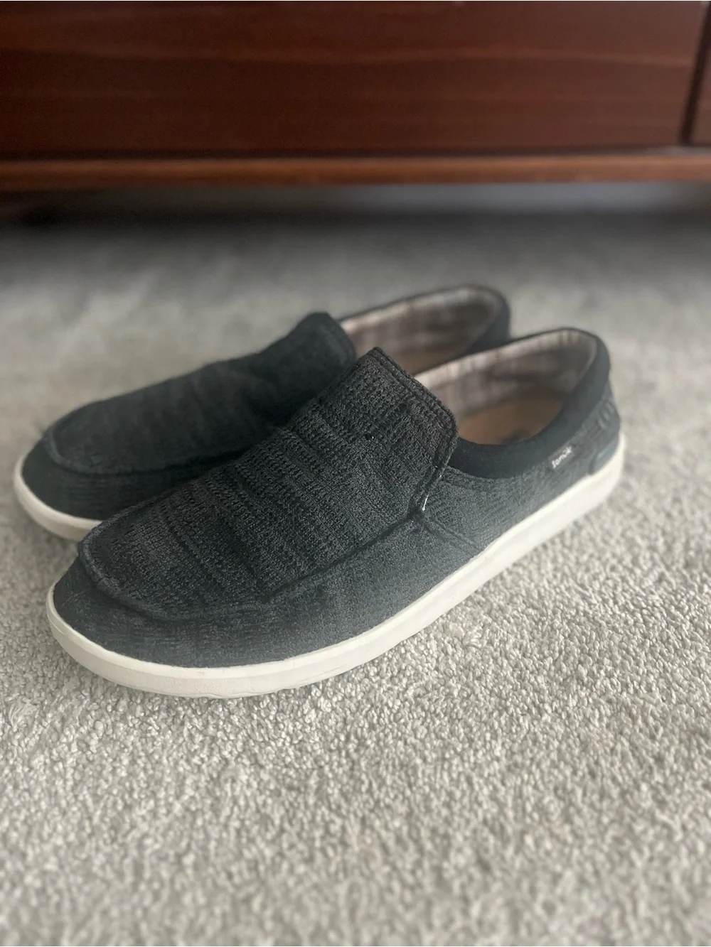 Sanuk Black Canvas Slip-On Loafers with White Sole